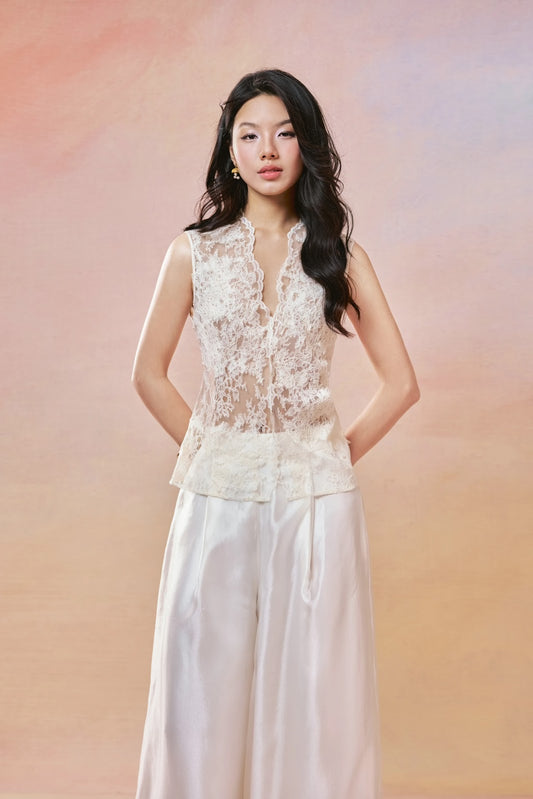 Lace Top Sheer Shirt and Wide-Leg Trouser Set - Image 2