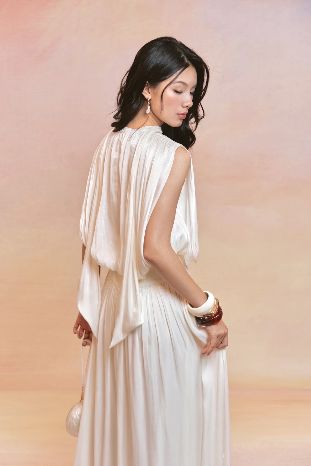 Draped High-Neck Top and Pleated Maxi Skirt Set - Side