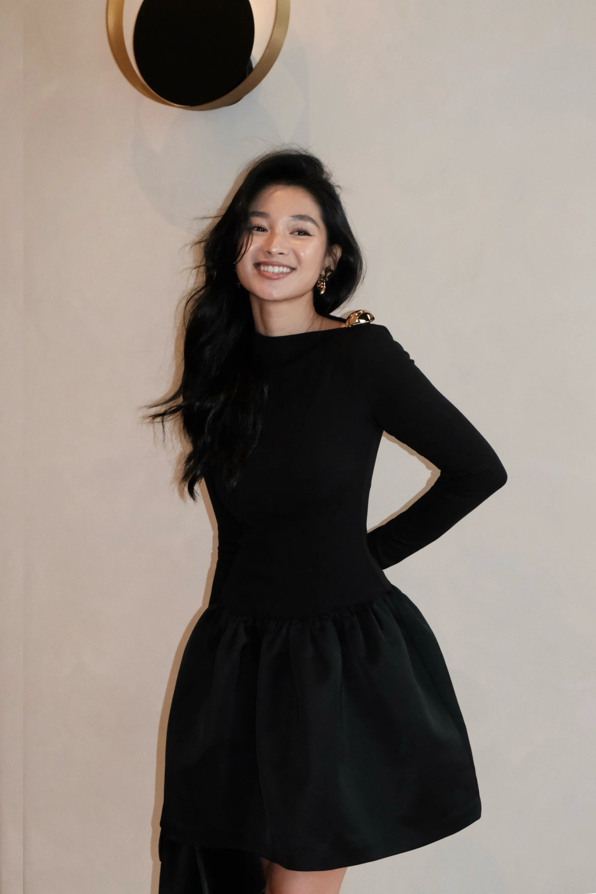 black long sleeve structured mini dress Heiress Beverly Hills premium exclusive structured long sleeve pocket detail mini a-line dress in black