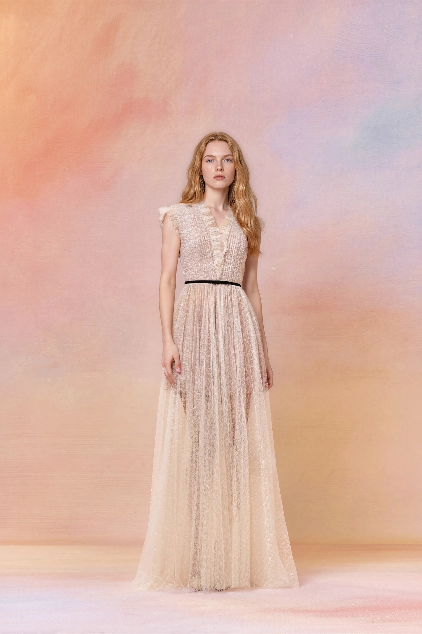 Pleated Glitter Tulle Maxi Dress with Ribbon Belt