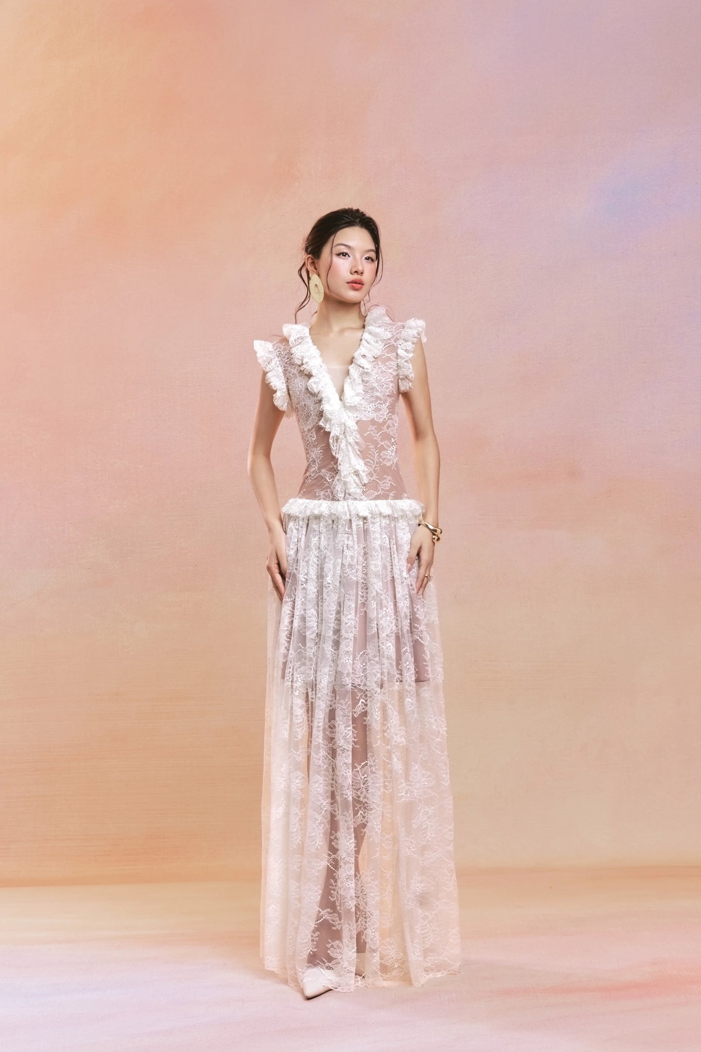 Pleated Lace Overlay Maxi Dress
