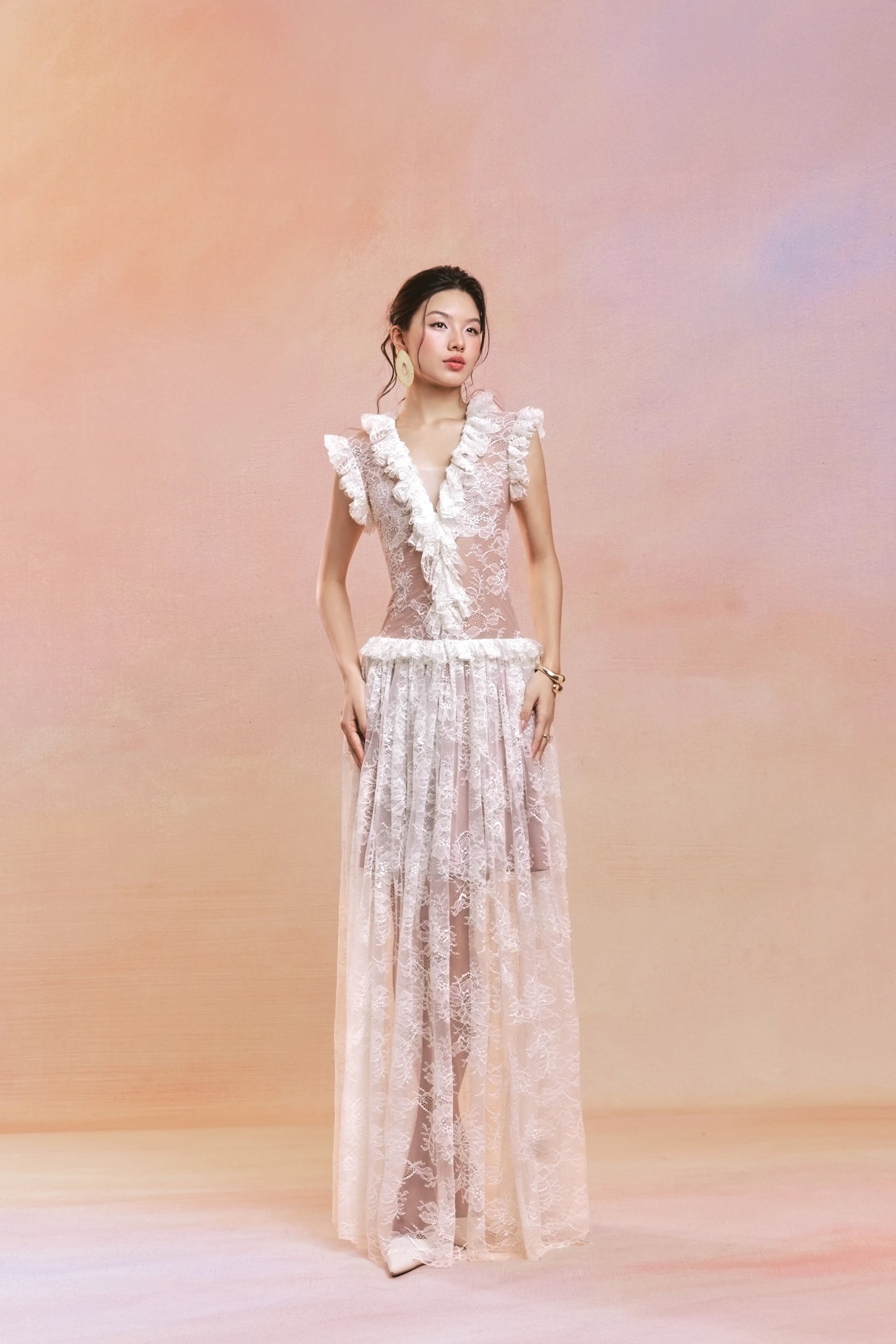 Pleated Lace Overlay Maxi Dress