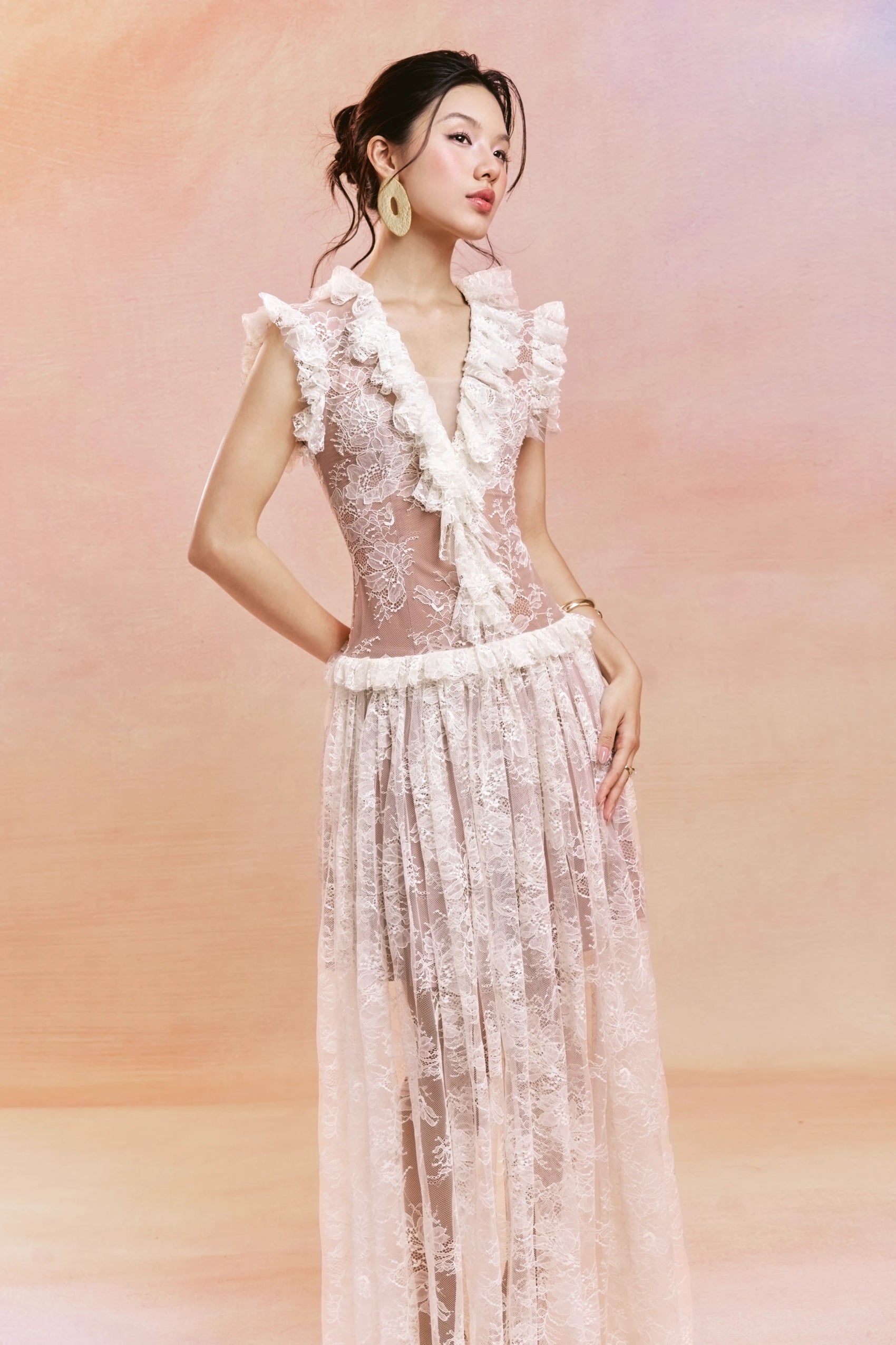Pleated Lace Overlay Maxi Dress