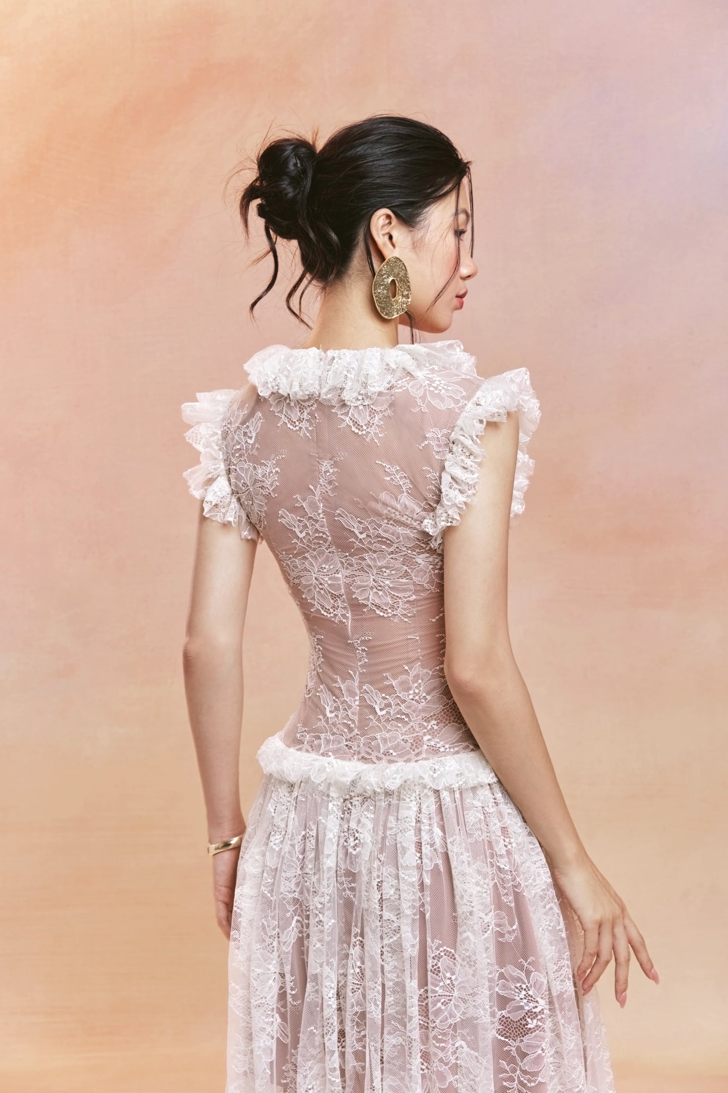 Pleated Lace Overlay Maxi Dress