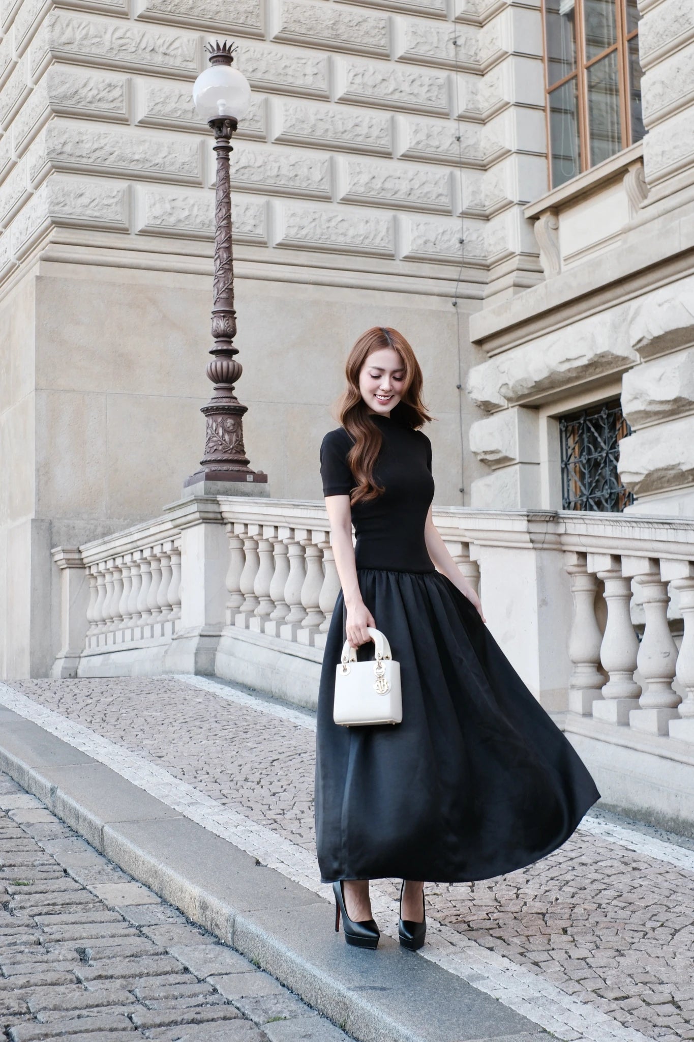 Asymmetric Collar Bubble-Hem Maxi Dress